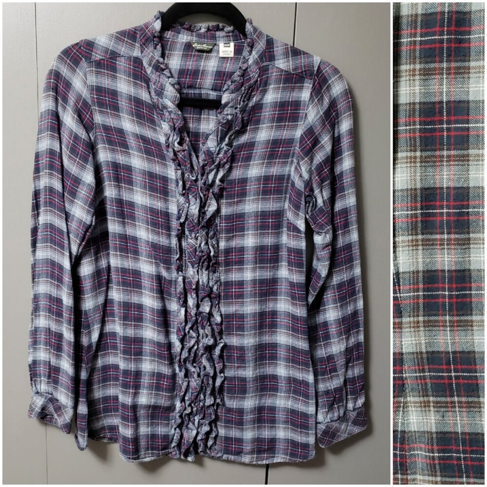 VTG Eddie Bauer Petite Blue Plaid Ruffle Buttoned Down Shirt